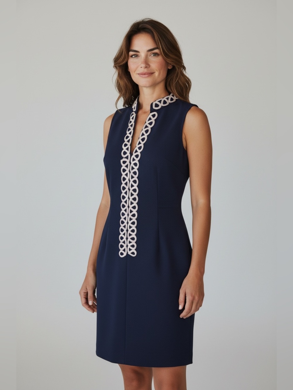 Sleeveless Blue(almost Black) Shift Dress with Decorative White Trim